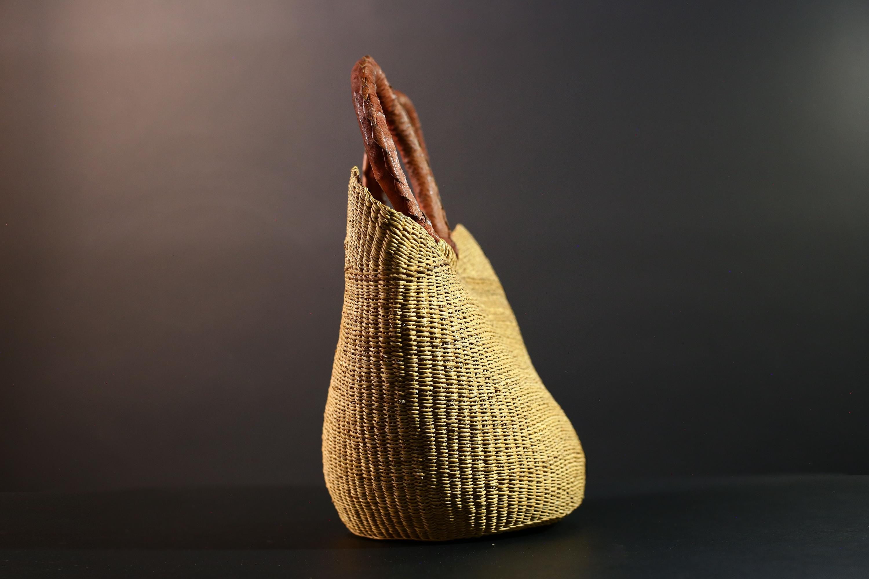 African basket with leather handles Bolga storage tote handwoven natural straw decor rustic woven shopper artisan tribal accent G5560