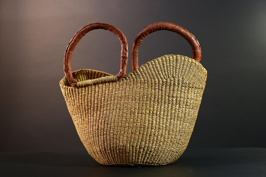 African basket with leather handles Bolga storage tote handwoven natural straw decor rustic woven shopper artisan tribal accent G5560