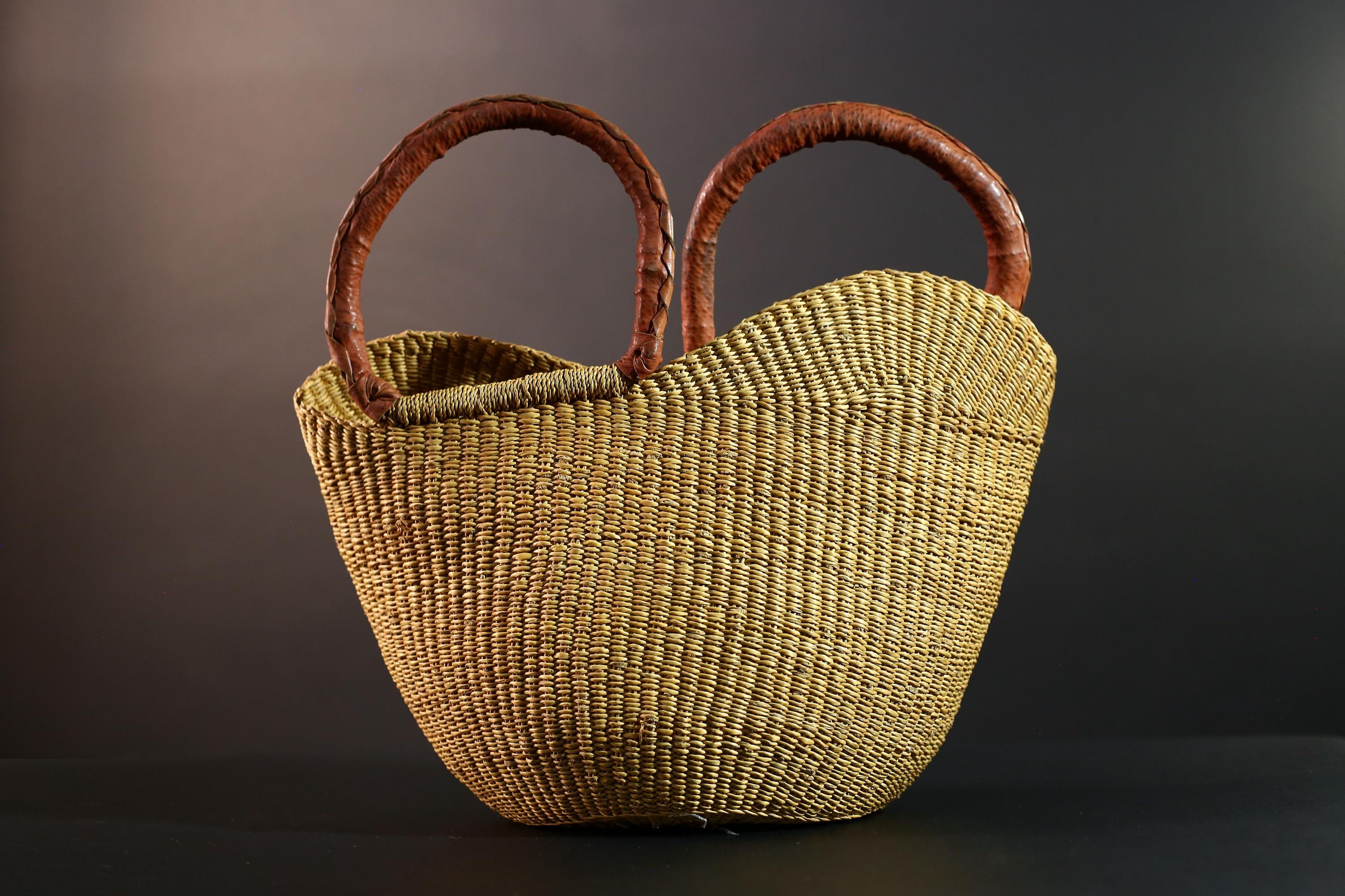 African basket with leather handles Bolga storage tote handwoven natural straw decor rustic woven shopper artisan tribal accent G5560