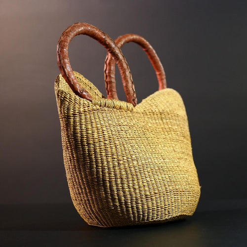 African basket with leather handles Bolga storage tote handwoven natural straw decor rustic woven shopper artisan tribal accent G5560