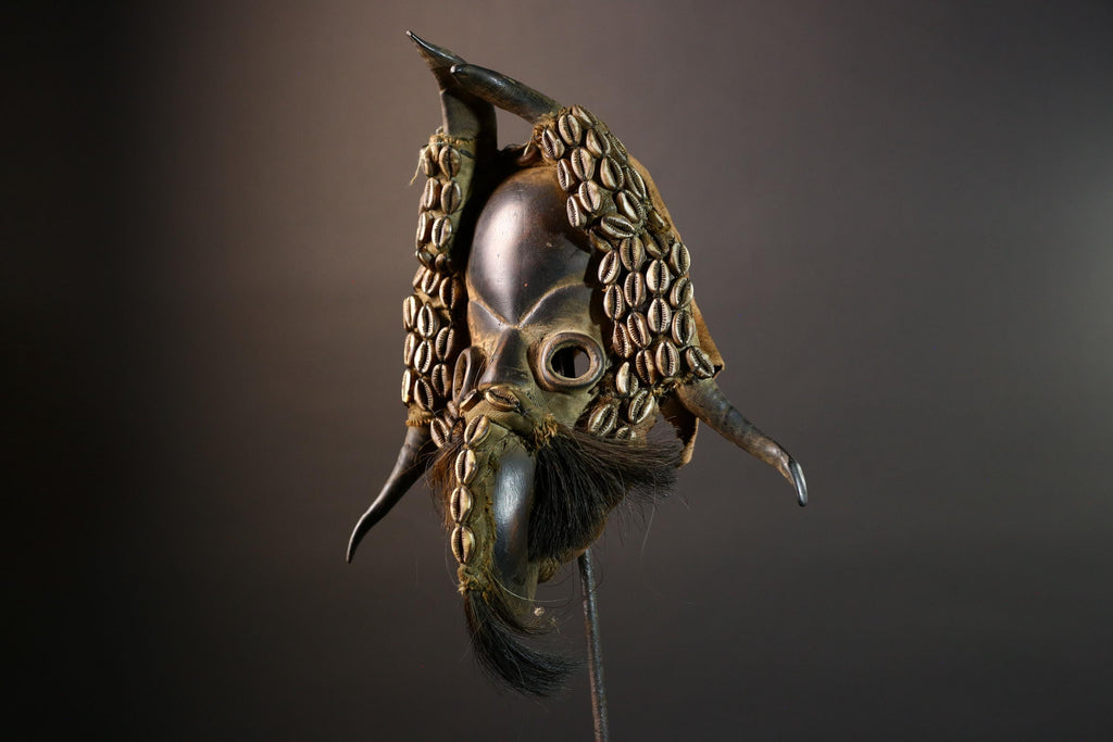 African Mask Cowrie Shell Warrior Tribal Wall Art Boho Decor, Hand-Carved Hardwood Mask with Animal Hair Beard Ethnic Home Accent Mask-G5687