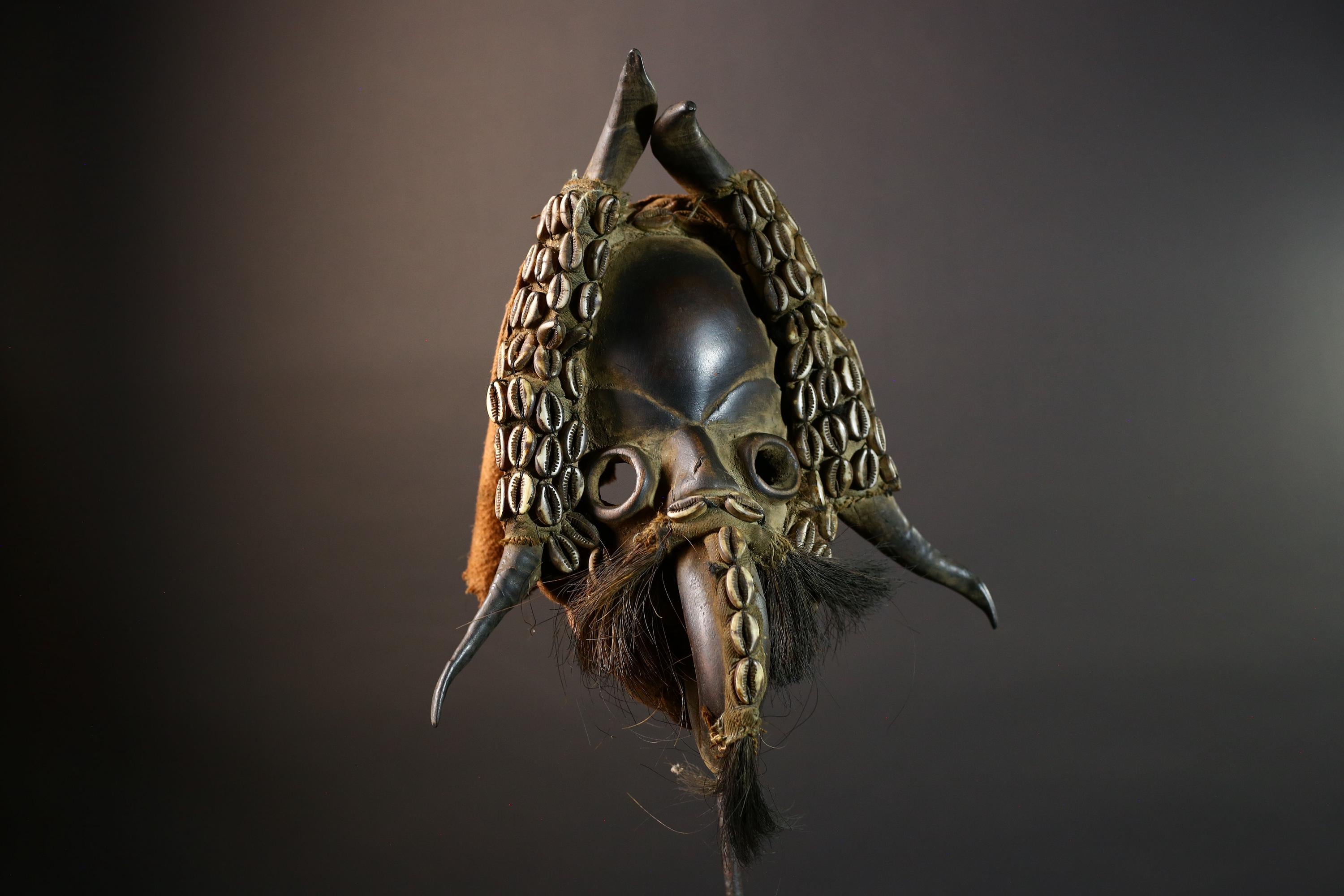 African Mask Cowrie Shell Warrior Tribal Wall Art Boho Decor, Hand-Carved Hardwood Mask with Animal Hair Beard Ethnic Home Accent Mask-G5687