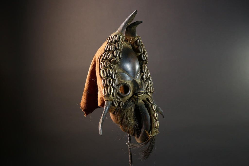 African Mask Cowrie Shell Warrior Tribal Wall Art Boho Decor, Hand-Carved Hardwood Mask with Animal Hair Beard Ethnic Home Accent Mask-G5687