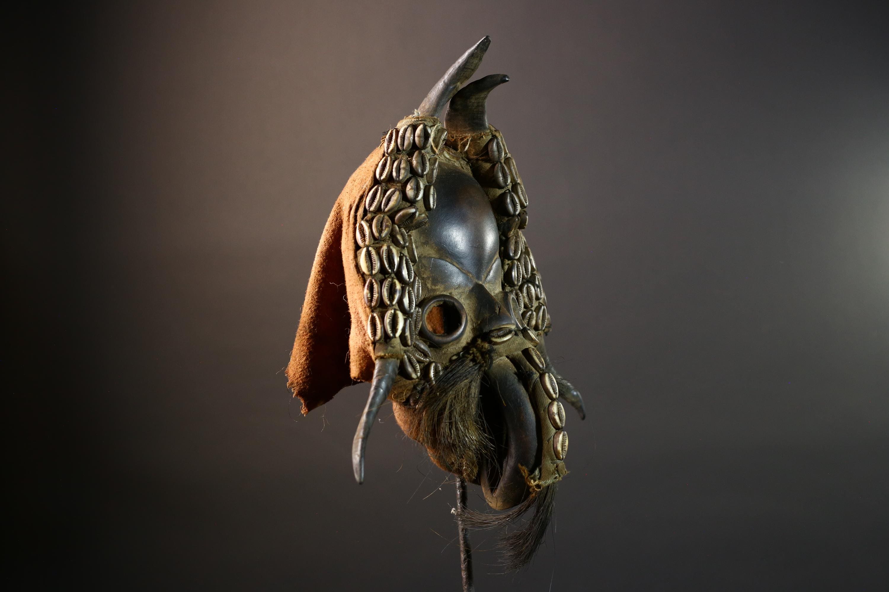 African Mask Cowrie Shell Warrior Tribal Wall Art Boho Decor, Hand-Carved Hardwood Mask with Animal Hair Beard Ethnic Home Accent Mask-G5687