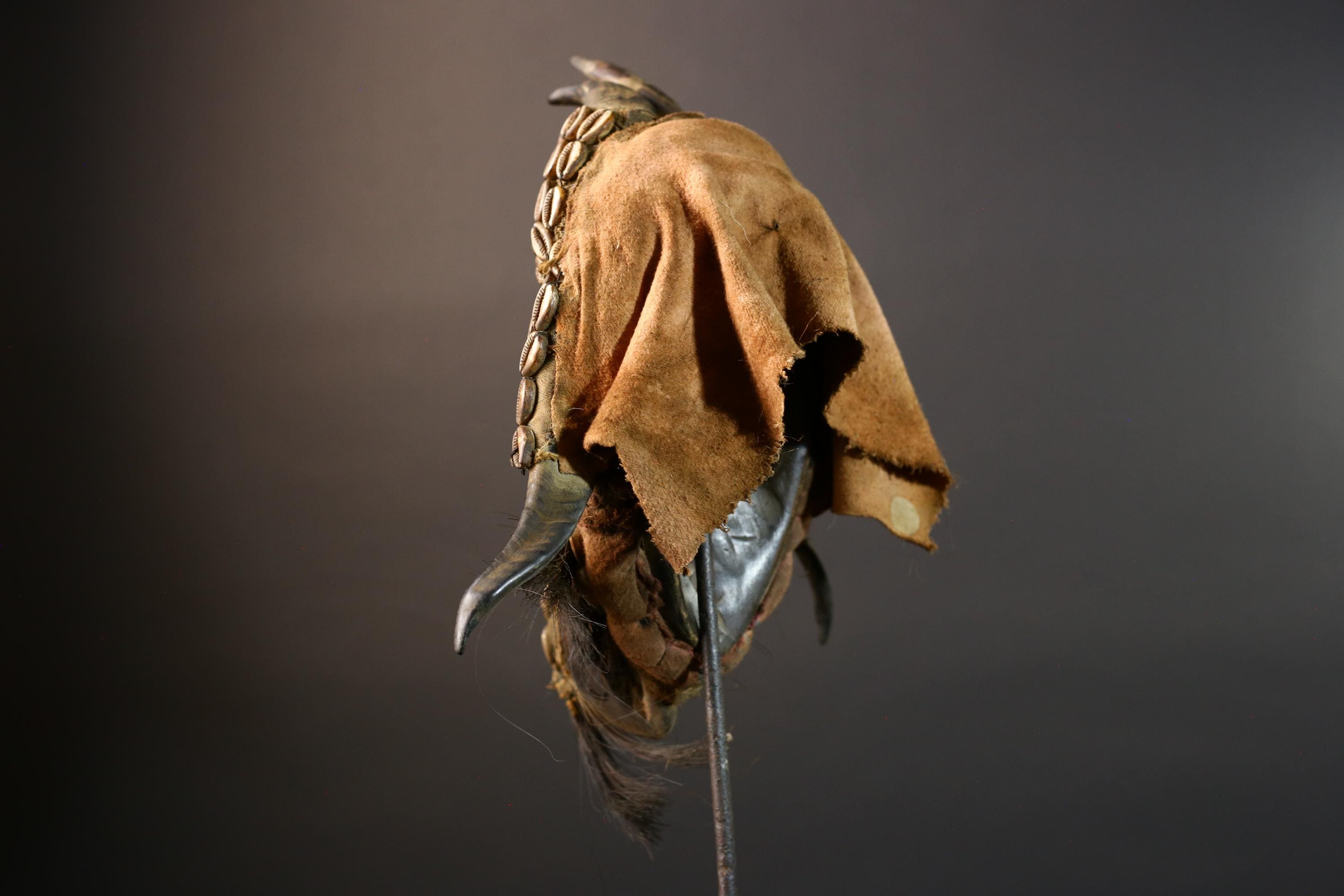 African Mask Cowrie Shell Warrior Tribal Wall Art Boho Decor, Hand-Carved Hardwood Mask with Animal Hair Beard Ethnic Home Accent Mask-G5687