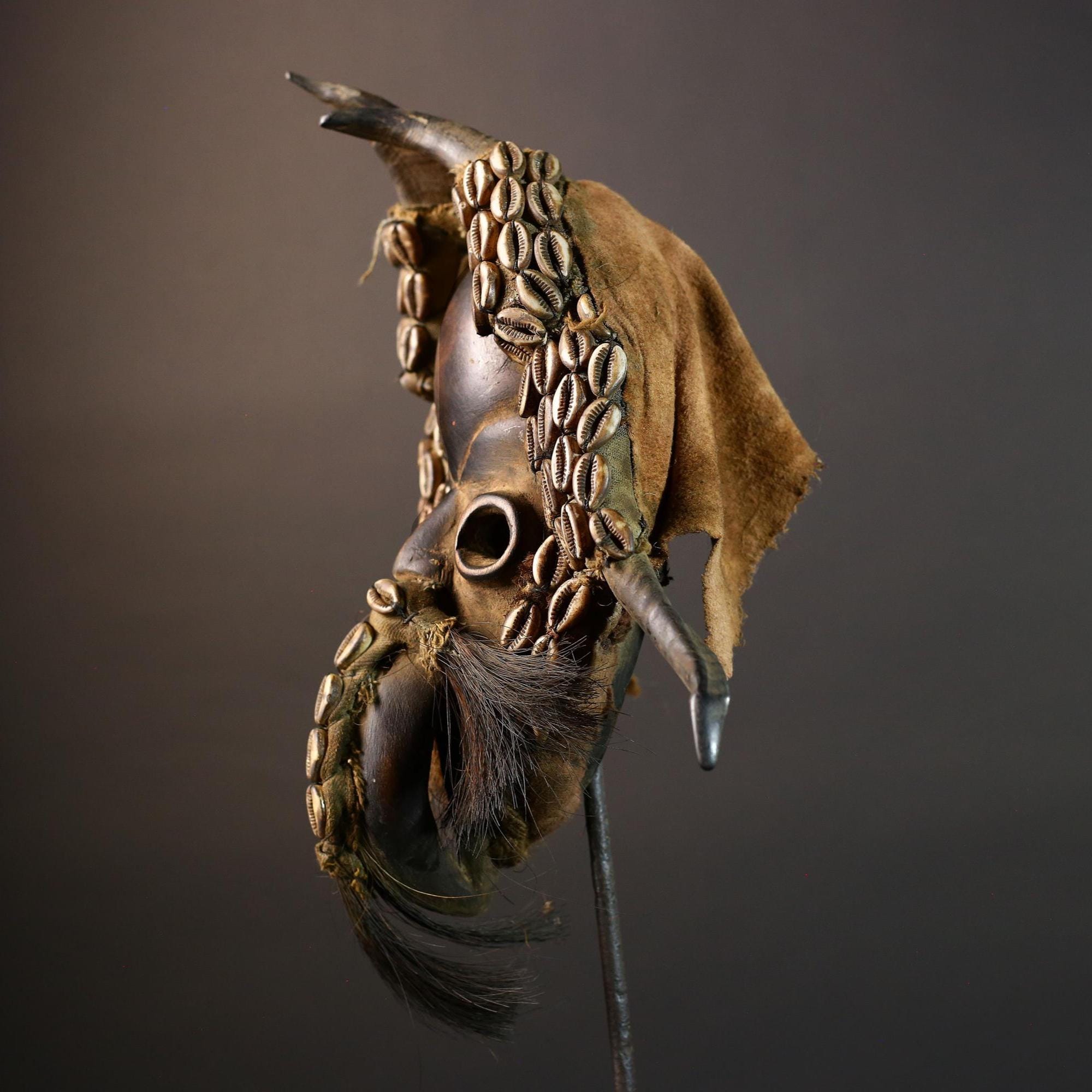 African Mask Cowrie Shell Warrior Tribal Wall Art Boho Decor, Hand-Carved Hardwood Mask with Animal Hair Beard Ethnic Home Accent Mask-G5687