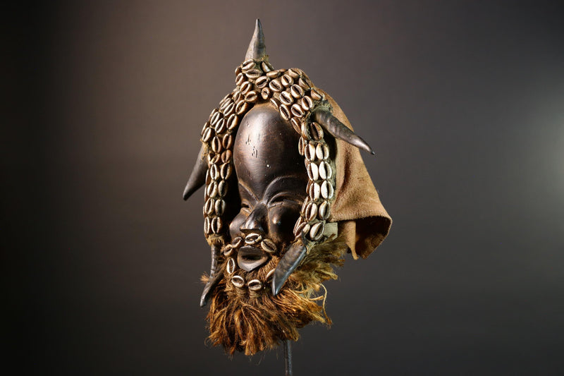 African Dan Wooden Mask with Cowrie Shells Horn Raffia Beard Cloth Backing Tribal Art Decor Home Wall Sculpture Vintage Rare Gift!-G5688