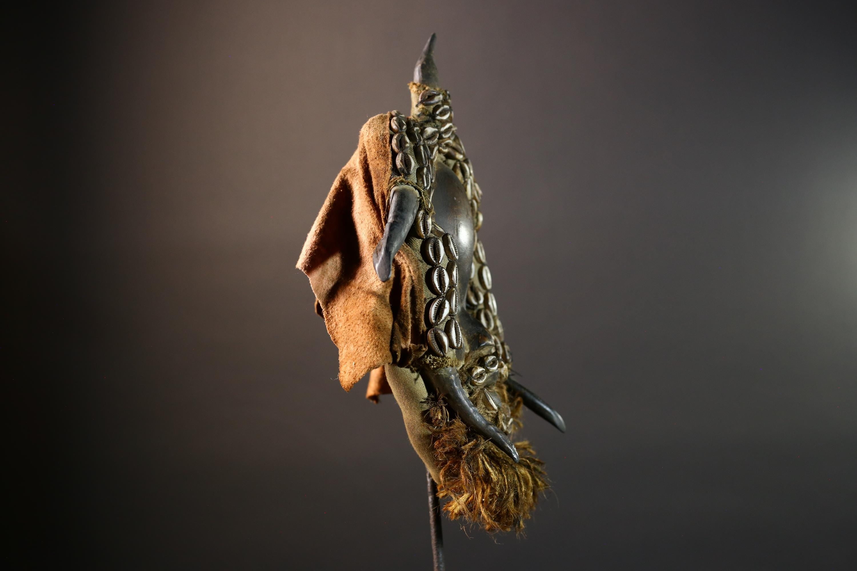 African Dan Wooden Mask with Cowrie Shells Horn Raffia Beard Cloth Backing Tribal Art Decor Home Wall Sculpture Vintage Rare Gift!-G5688