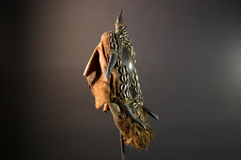 African Dan Wooden Mask with Cowrie Shells Horn Raffia Beard Cloth Backing Tribal Art Decor Home Wall Sculpture Vintage Rare Gift!-G5688