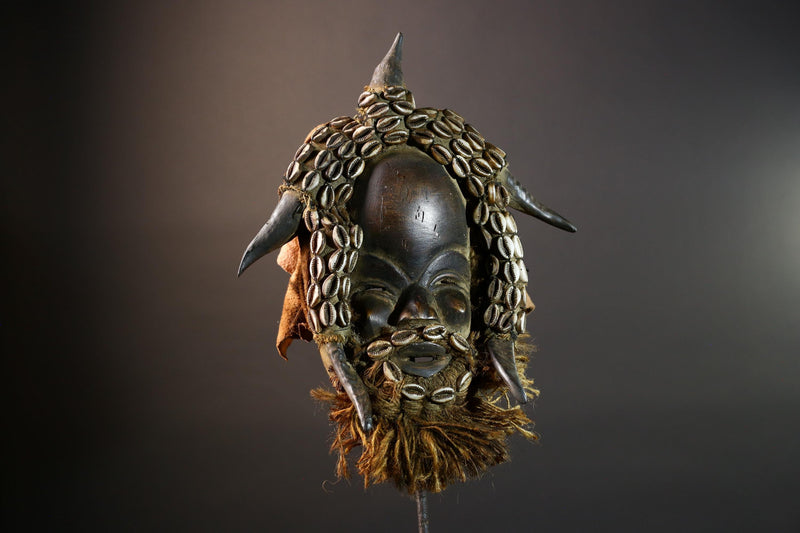 African Dan Wooden Mask with Cowrie Shells Horn Raffia Beard Cloth Backing Tribal Art Decor Home Wall Sculpture Vintage Rare Gift!-G5688
