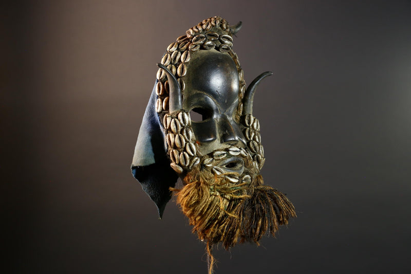 African Dan Wooden Mask Cowrie Shells Antelope Horn Raffia Beard Cloth Backing Tribal Art Home Decor Wall Sculpture Gift Vintage-G5689