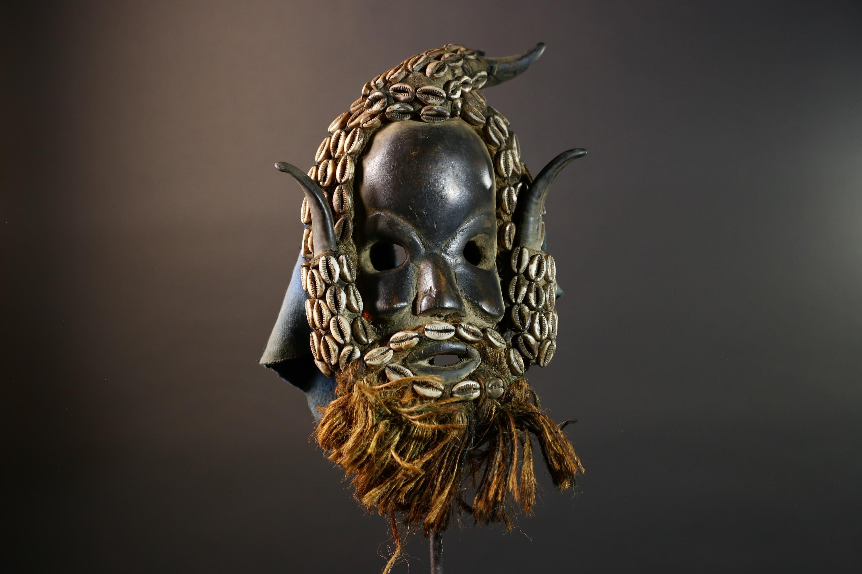 African Dan Wooden Mask Cowrie Shells Antelope Horn Raffia Beard Cloth Backing Tribal Art Home Decor Wall Sculpture Gift Vintage-G5689