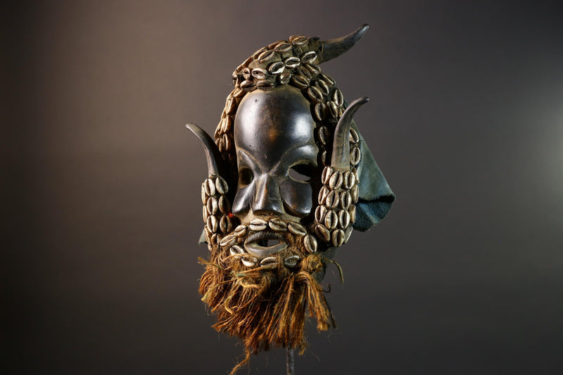African Dan Wooden Mask Cowrie Shells Antelope Horn Raffia Beard Cloth Backing Tribal Art Home Decor Wall Sculpture Gift Vintage-G5689