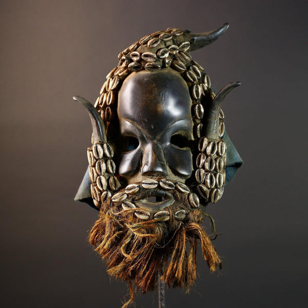 African Dan Wooden Mask Cowrie Shells Antelope Horn Raffia Beard Cloth Backing Tribal Art Home Decor Wall Sculpture Gift Vintage-G5689