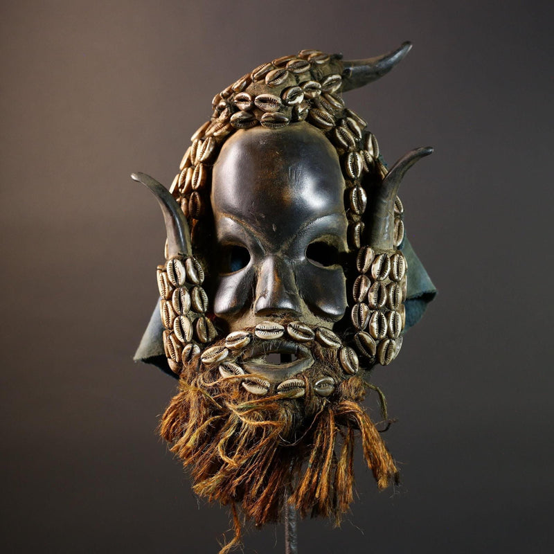 African Dan Wooden Mask Cowrie Shells Antelope Horn Raffia Beard Cloth Backing Tribal Art Home Decor Wall Sculpture Gift Vintage-G5689