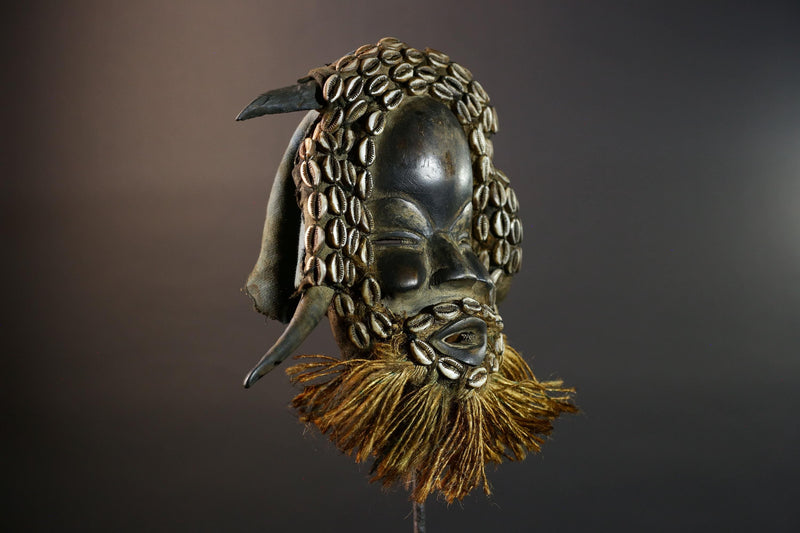 African Dan Wooden Mask Cowrie Shells Antelope Horn Raffia Beard Cloth Backing Tribal Art Home Decor Vintage Rare Gift Handmade-G5690