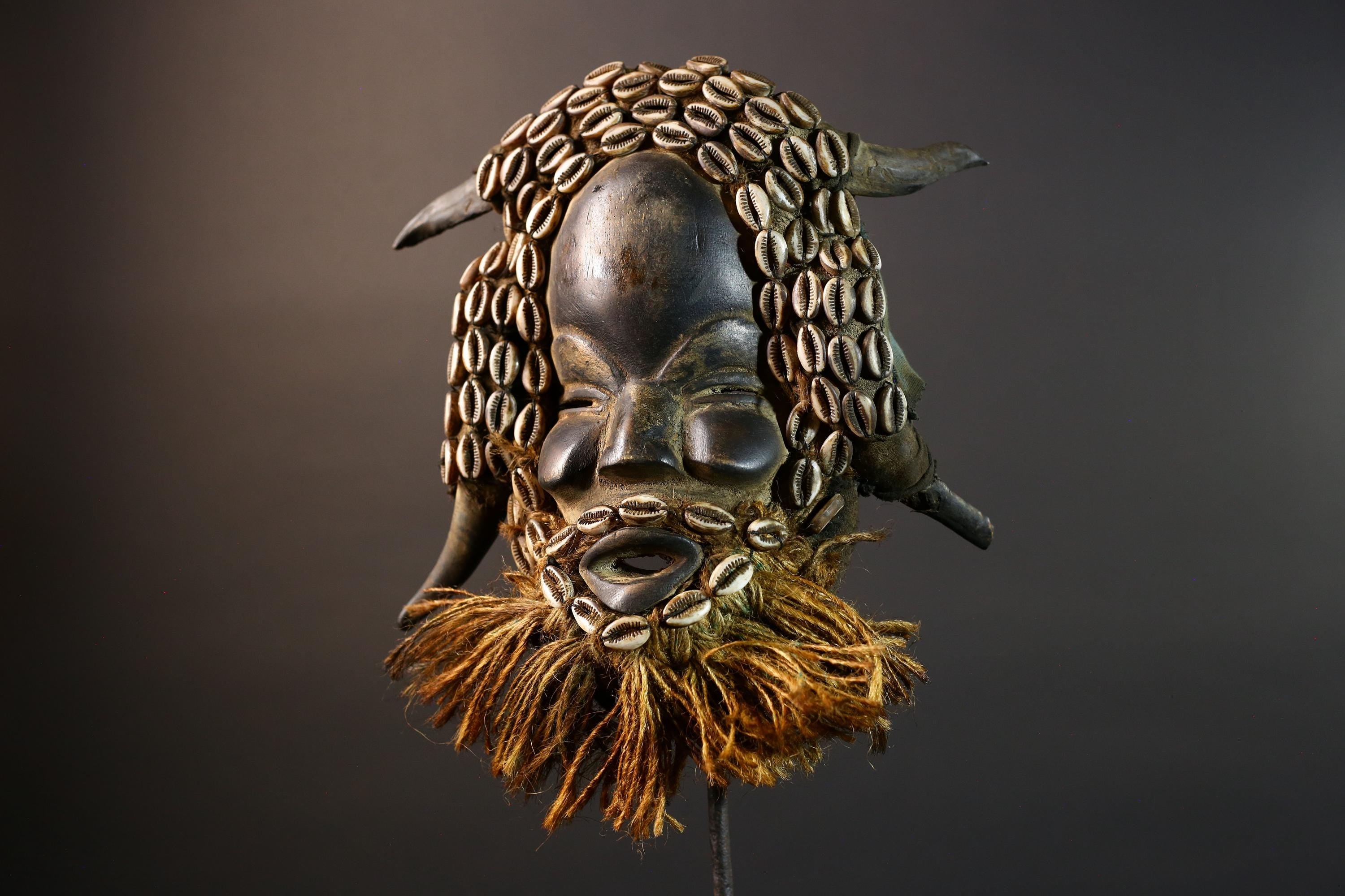 African Dan Wooden Mask Cowrie Shells Antelope Horn Raffia Beard Cloth Backing Tribal Art Home Decor Vintage Rare Gift Handmade-G5690
