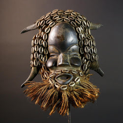 African Dan Wooden Mask Cowrie Shells Antelope Horn Raffia Beard Cloth Backing Tribal Art Home Decor Vintage Rare Gift Handmade-G5690