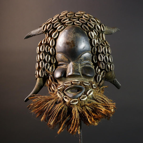 African Dan Wooden Mask Cowrie Shells Antelope Horn Raffia Beard Cloth Backing Tribal Art Home Decor Vintage Rare Gift Handmade-G5690