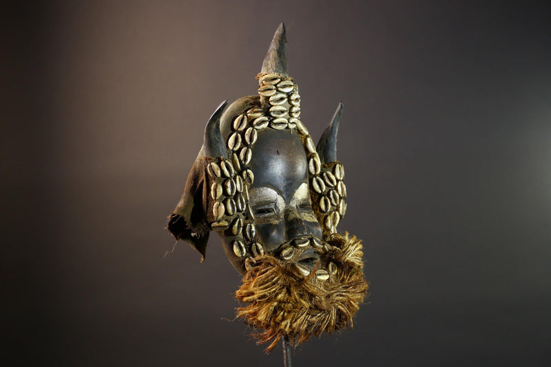 African mask wooden cowrie shell antelope horn raffia beard cloth backing authentic tribal home decor wall sculpture vintage gift-G5691
