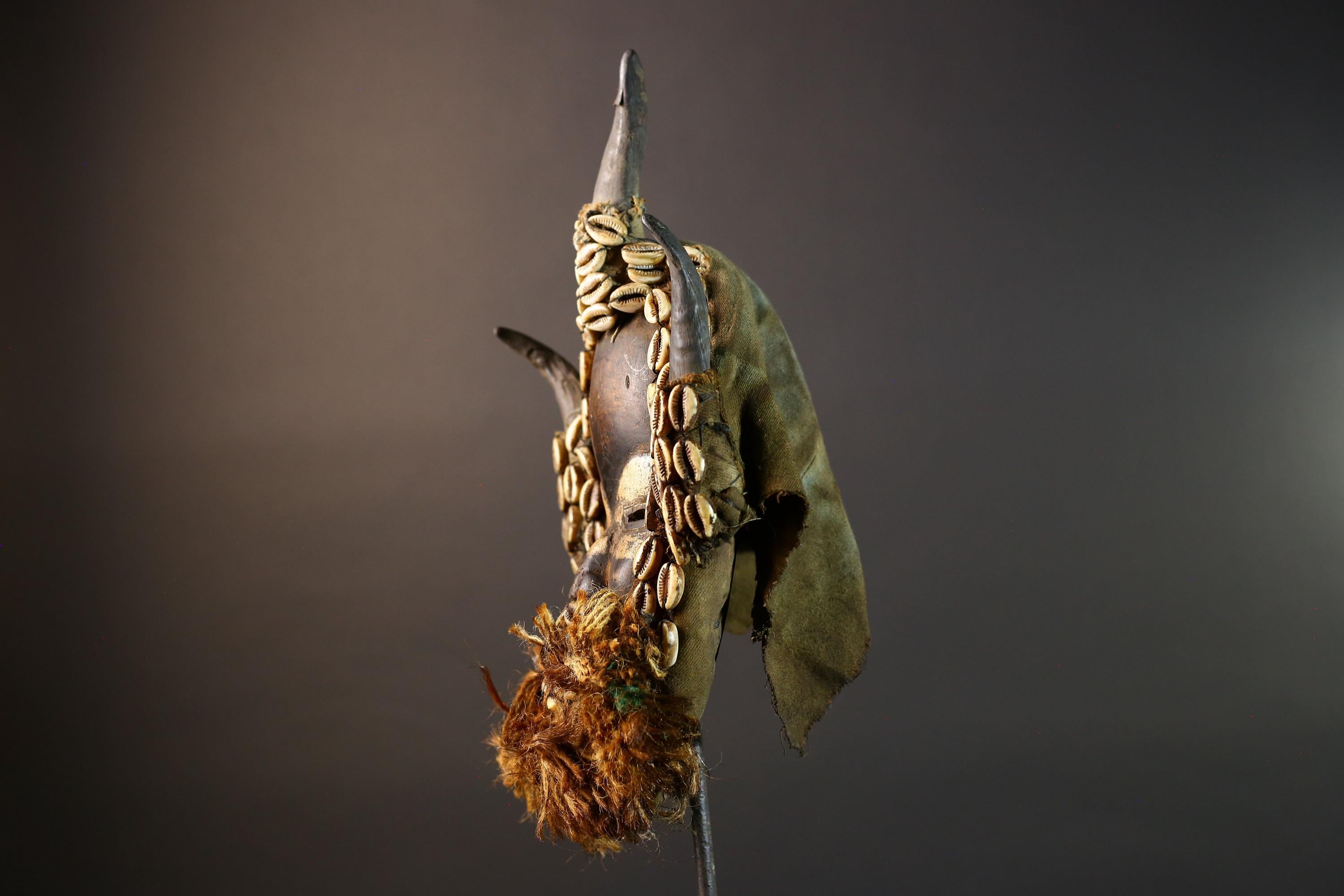 African mask wooden cowrie shell antelope horn raffia beard cloth backing authentic tribal home decor wall sculpture vintage gift-G5691