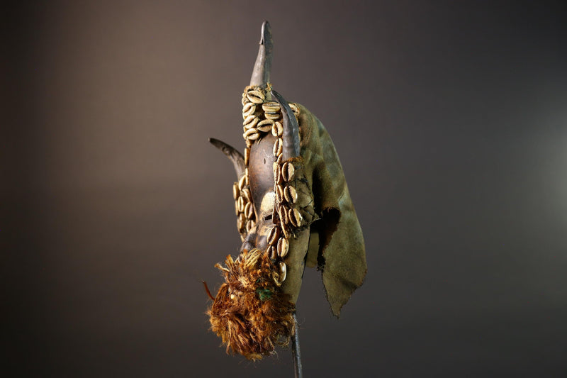 African mask wooden cowrie shell antelope horn raffia beard cloth backing authentic tribal home decor wall sculpture vintage gift-G5691