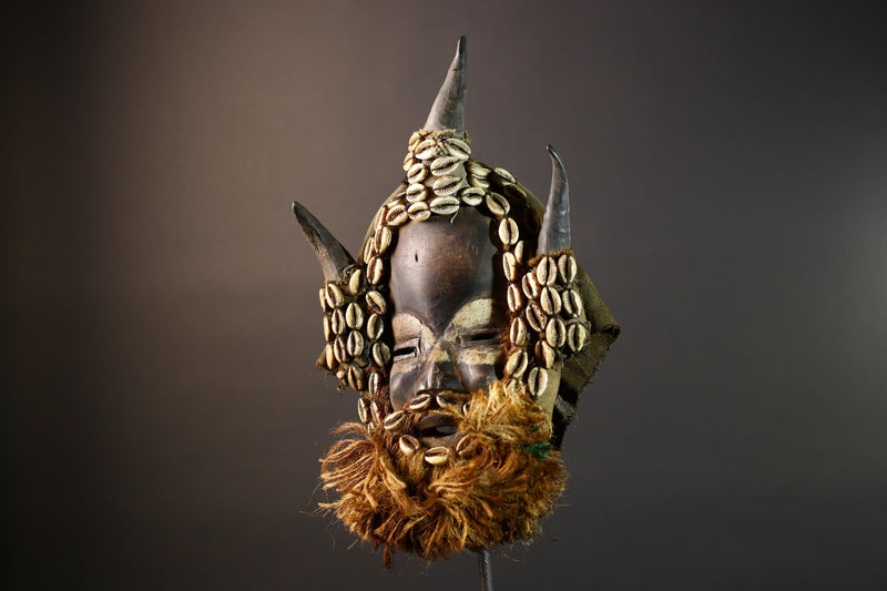 African mask wooden cowrie shell antelope horn raffia beard cloth backing authentic tribal home decor wall sculpture vintage gift-G5691