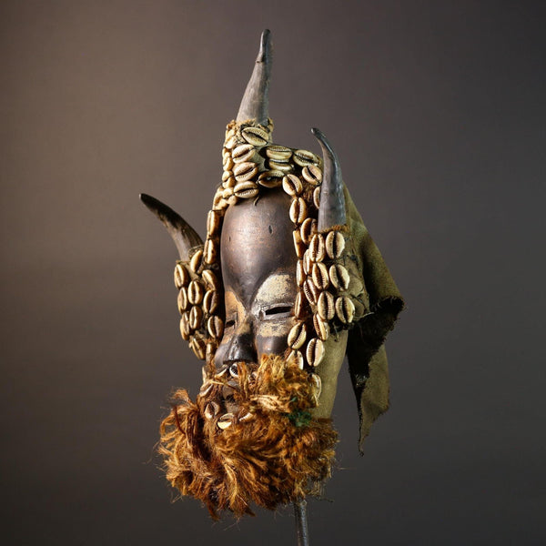African mask wooden cowrie shell antelope horn raffia beard cloth backing authentic tribal home decor wall sculpture vintage gift-G5691