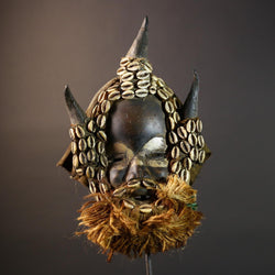 African mask wooden cowrie shell antelope horn raffia beard cloth backing authentic tribal home decor wall sculpture vintage gift-G5691