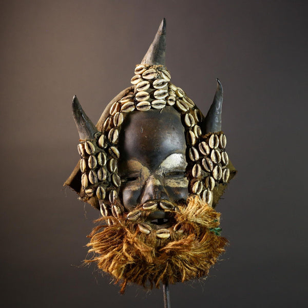 African mask wooden cowrie shell antelope horn raffia beard cloth backing authentic tribal home decor wall sculpture vintage gift-G5691