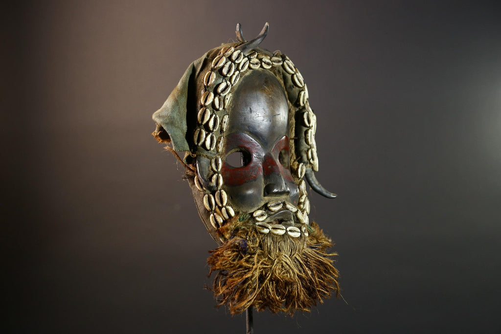 African Dan Mask Hand Carved Wood with Raffia Beard Cowrie Shell Trim Tribal Art Decor Unique Ethnic Wall Hanging Collectible and Home-G5692
