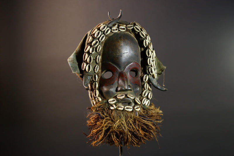 African Dan Mask Hand Carved Wood with Raffia Beard Cowrie Shell Trim Tribal Art Decor Unique Ethnic Wall Hanging Collectible and Home-G5692