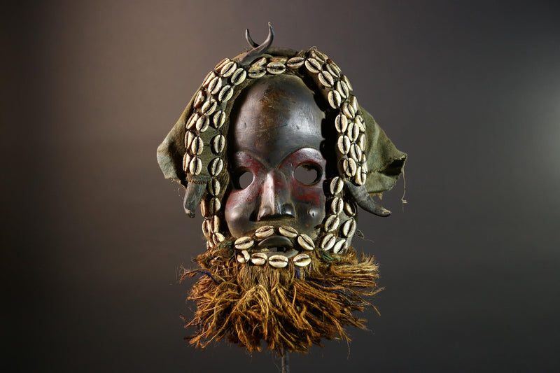 African Dan Mask Hand Carved Wood with Raffia Beard Cowrie Shell Trim Tribal Art Decor Unique Ethnic Wall Hanging Collectible and Home-G5692