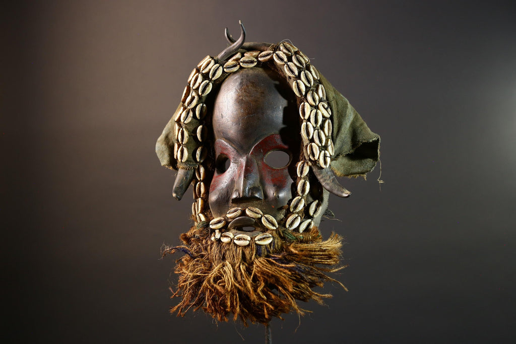 African Dan Mask Hand Carved Wood with Raffia Beard Cowrie Shell Trim Tribal Art Decor Unique Ethnic Wall Hanging Collectible and Home-G5692