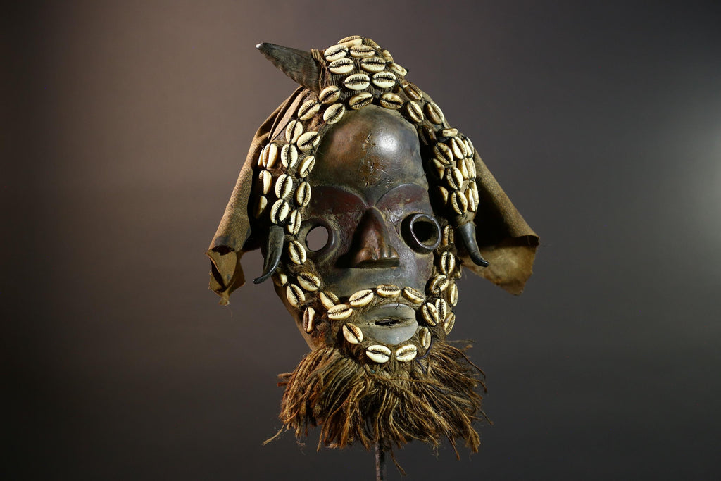 African Dan Mask Handcrafted Tribal Wood Wall Decor Authentic Cultural Art Sculpture with Cowrie Shells and Raffia Beard-G5693