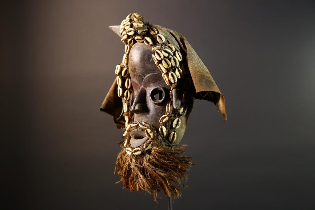 African Dan Mask Handcrafted Tribal Wood Wall Decor Authentic Cultural Art Sculpture with Cowrie Shells and Raffia Beard-G5693