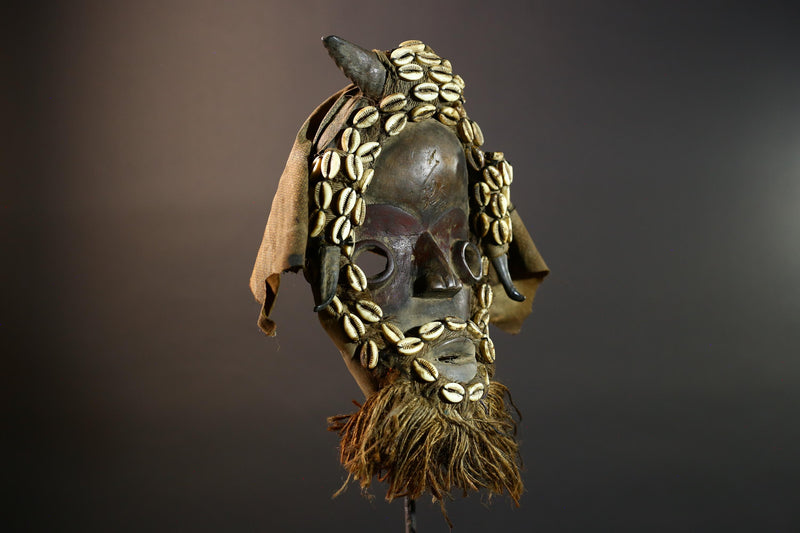 African Dan Mask Handcrafted Tribal Wood Wall Decor Authentic Cultural Art Sculpture with Cowrie Shells and Raffia Beard-G5693