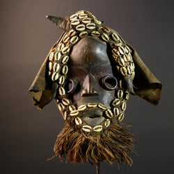 African Dan Mask Handcrafted Tribal Wood Wall Decor Authentic Cultural Art Sculpture with Cowrie Shells and Raffia Beard-G5693