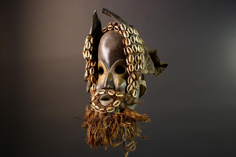 Vintage Dan Mask Hand Carved Wood Shell Adorned Raffia Beard African Tribal Face Sculpture Wall Hanging Decor  Cultural Keepsake-G5694