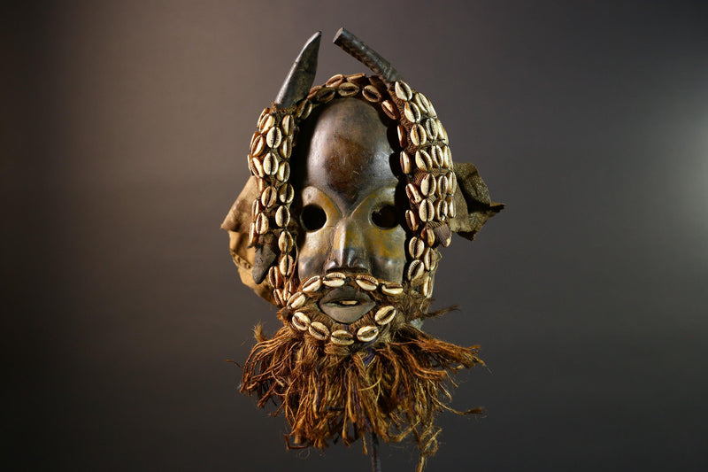 Vintage Dan Mask Hand Carved Wood Shell Adorned Raffia Beard African Tribal Face Sculpture Wall Hanging Decor  Cultural Keepsake-G5694