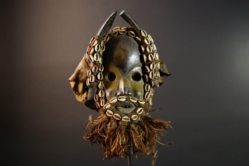 Vintage Dan Mask Hand Carved Wood Shell Adorned Raffia Beard African Tribal Face Sculpture Wall Hanging Decor  Cultural Keepsake-G5694