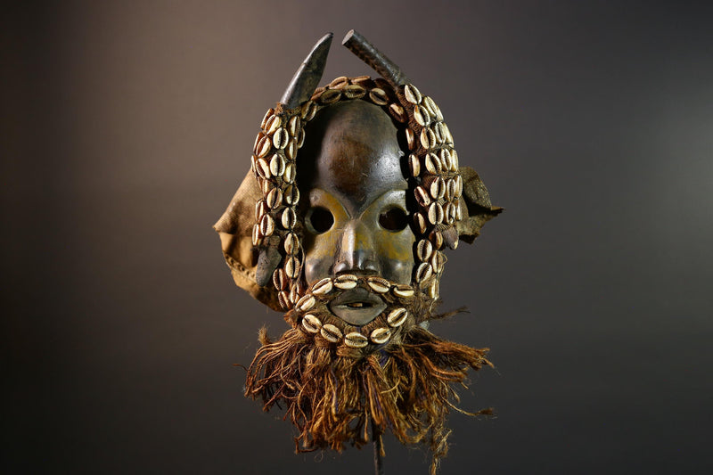 Vintage Dan Mask Hand Carved Wood Shell Adorned Raffia Beard African Tribal Face Sculpture Wall Hanging Decor  Cultural Keepsake-G5694