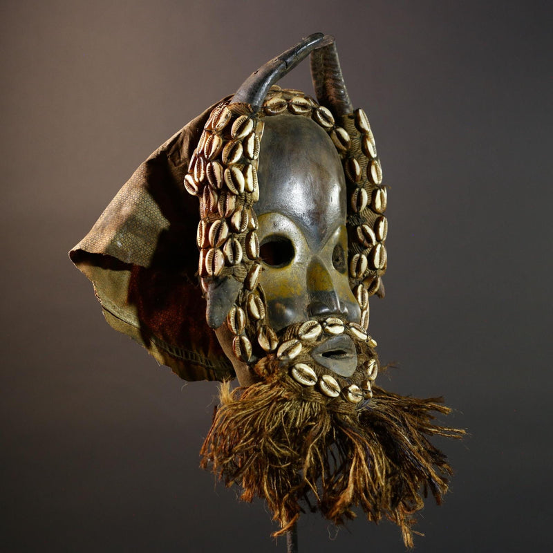 Vintage Dan Mask Hand Carved Wood Shell Adorned Raffia Beard African Tribal Face Sculpture Wall Hanging Decor  Cultural Keepsake-G5694
