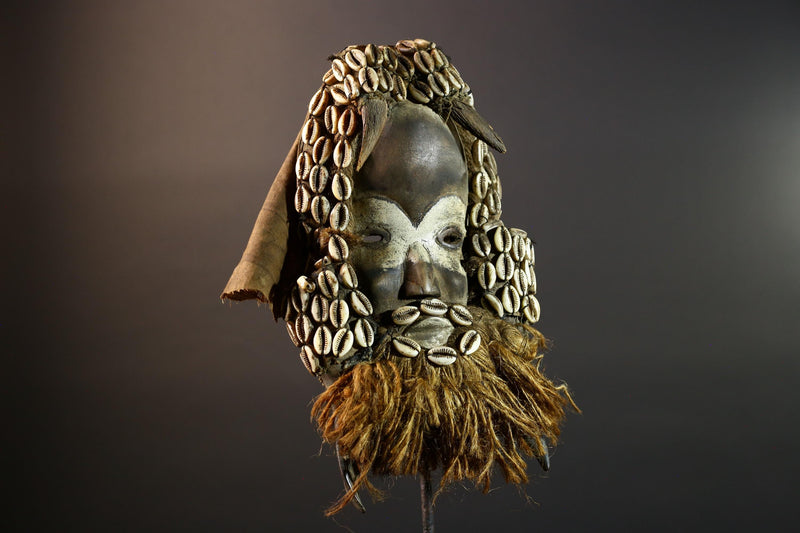 Authentic Dan Tribe Shell Mask Hand Carved Cowrie Raffia Beard African Wall Decor Tribal Art Sculpture Collectible Home Hanging Mask-G5695