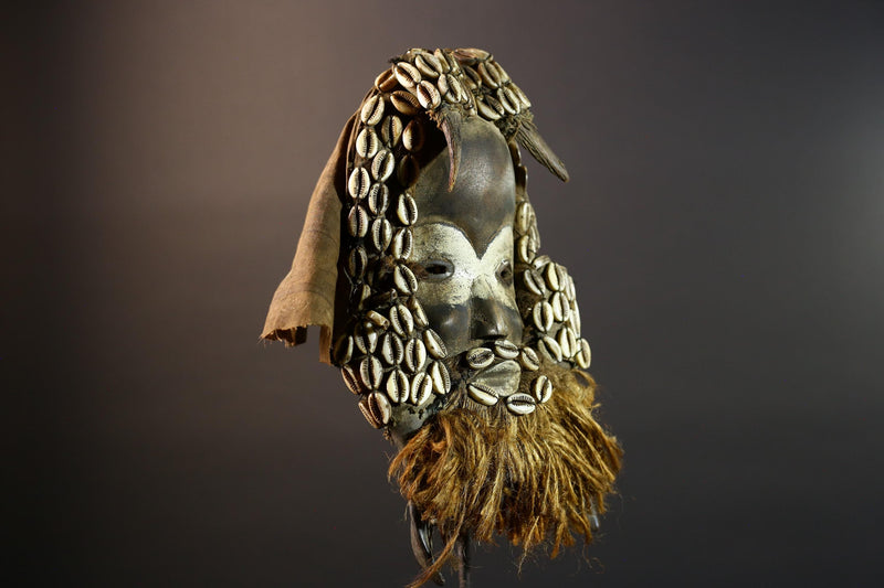 Authentic Dan Tribe Shell Mask Hand Carved Cowrie Raffia Beard African Wall Decor Tribal Art Sculpture Collectible Home Hanging Mask-G5695