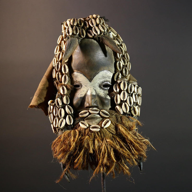 Authentic Dan Tribe Shell Mask Hand Carved Cowrie Raffia Beard African Wall Decor Tribal Art Sculpture Collectible Home Hanging Mask-G5695