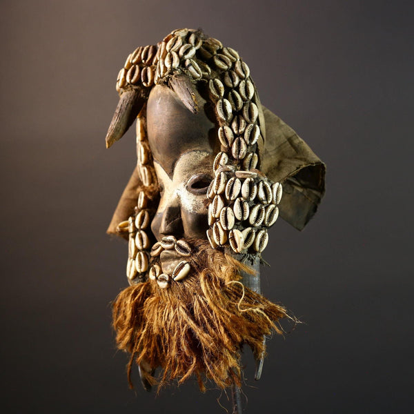 Authentic Dan Tribe Shell Mask Hand Carved Cowrie Raffia Beard African Wall Decor Tribal Art Sculpture Collectible Home Hanging Mask-G5695