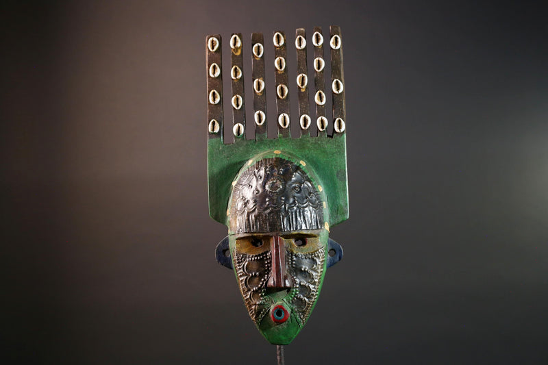 African wood mask Bwoom tribal face art with green paint cowrie crest and engraved features carved ceremonial wall sculpture decor G5567