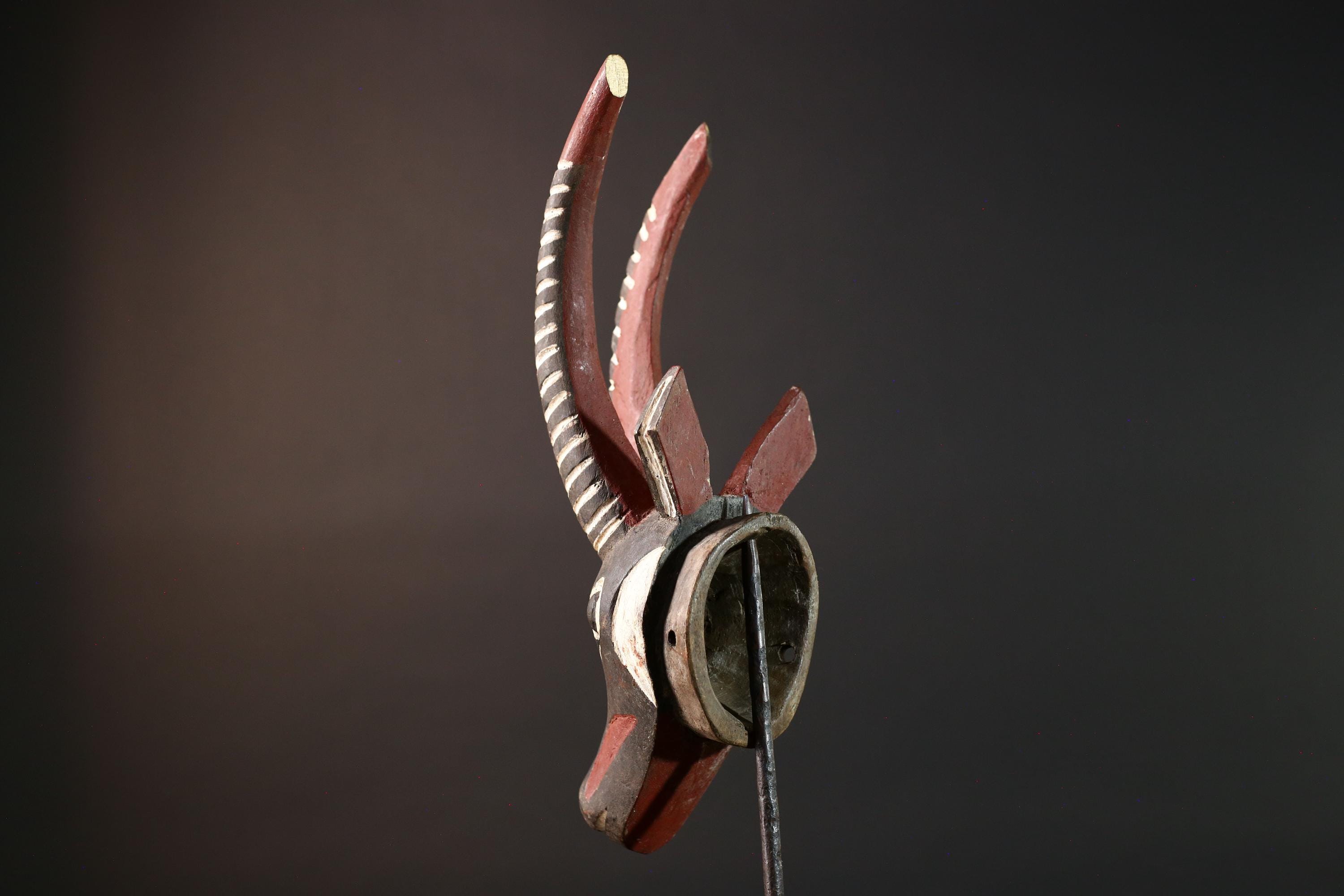 African antelope mask tribal animal head with striped horn and red black white painted wood Bobo Bamana style wall decor sculpture G5568