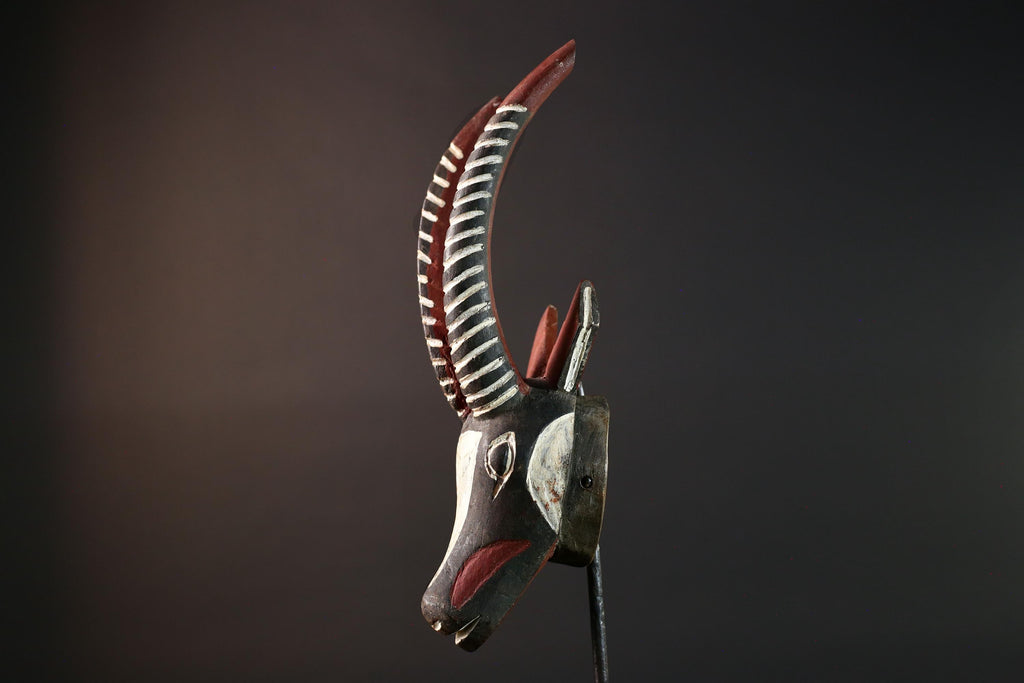 African antelope mask tribal animal head with striped horn and red black white painted wood Bobo Bamana style wall decor sculpture G5568